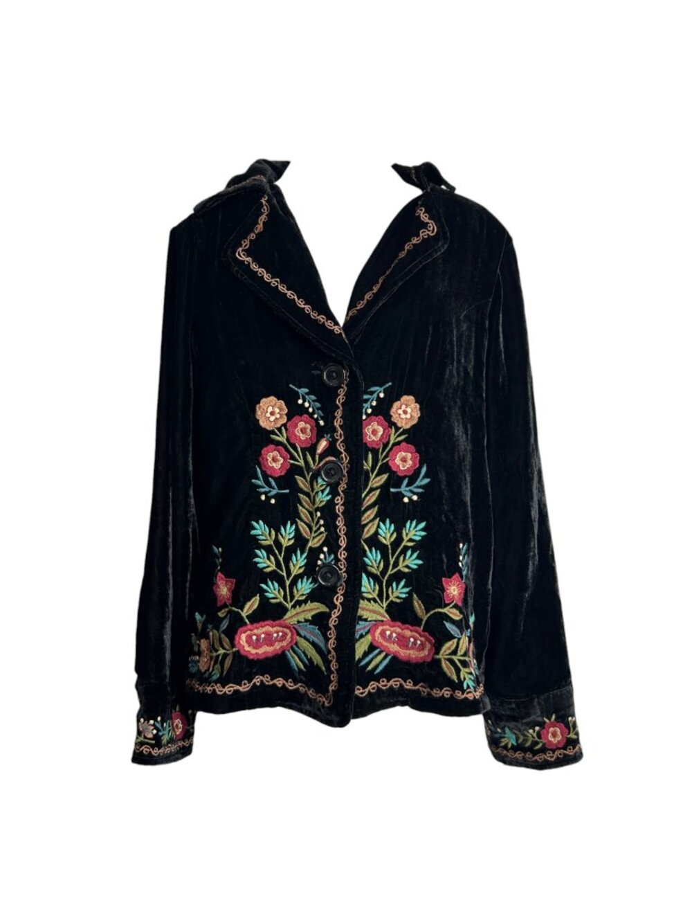 Kyla Seo Black Velvet Jacket Size M Silk Blend Floral Embroidered Boho Shirt Top